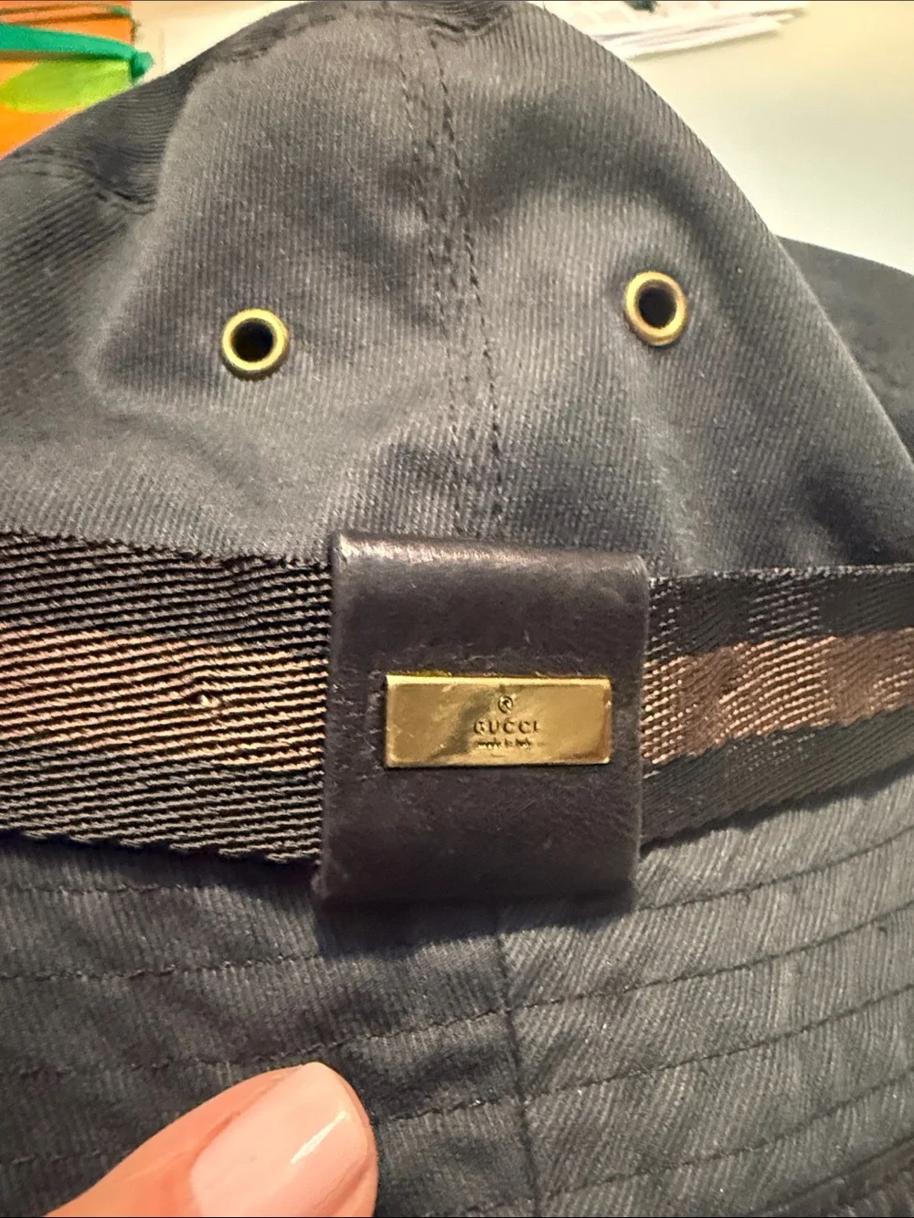 Gucci Black Bucket Hat with Brown Web Trim and Gold Plaque